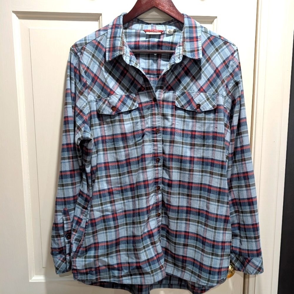 LL Bean Blue and Red Plaid Button-Up Shirt (Size L)